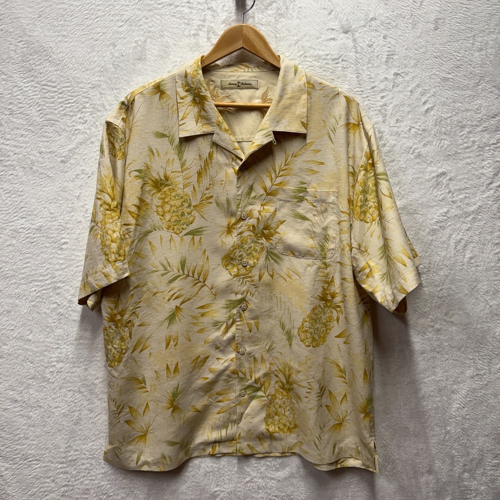 Tommy Bahama Hawaiian Silk Camp Shirt Mens XL Button-Up Yellow Pineapple Print